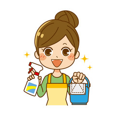 掃除用具を持つ主婦