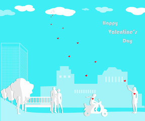 cityscape. St. Valentine sends signals in the form of hearts for lovers.
