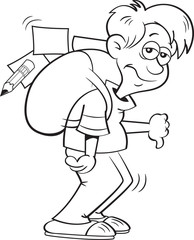 Black and white illustration of a depressed boy with a large backpack.