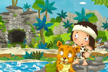 cartoon scene with caveman traveling through the jungle with tiger sabre tooth - illustration for children