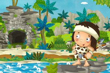 cartoon scene with caveman traveling through the jungle - illustration for children