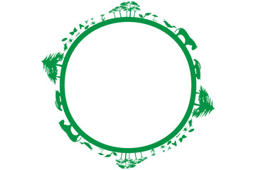Círculo verde con ecosistemas, plantas y animales. 
