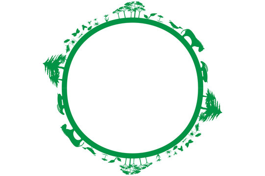 Círculo verde con ecosistemas, plantas y animales. 