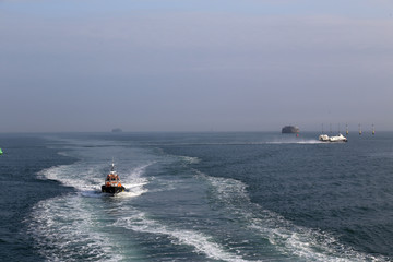Isle of wight hover craft with life boat in the solent between Portsmouth and the Isle of Wight UK