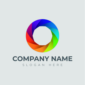 Photo logo template. Colorful diaphragm icon of shutter. Vector illustration with caption