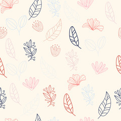Vector floral pattern in doodle style with flowers and leaves.