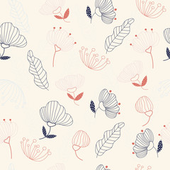 Vector floral pattern in doodle style with flowers and leaves.