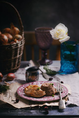 Chicken liver flan with chicken breast and demiglas sauce.selective focus