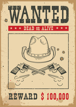 Wanted poster.Vector western illustration with guns and cowboy hat