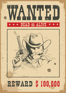 Wanted poster.Vector western illustration with bandit man and gun
