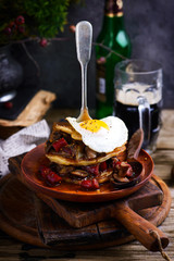 Irish potato pancakes with sausage beer stew.selective focus