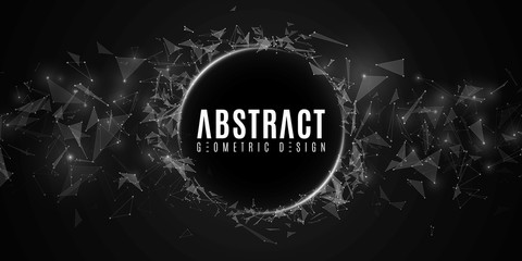 Abstract flying triangles and dots on a dark background. Geometric modern design. White glowing connected triangular elements. Scientific background for your project. Vector illustration. EPS 10