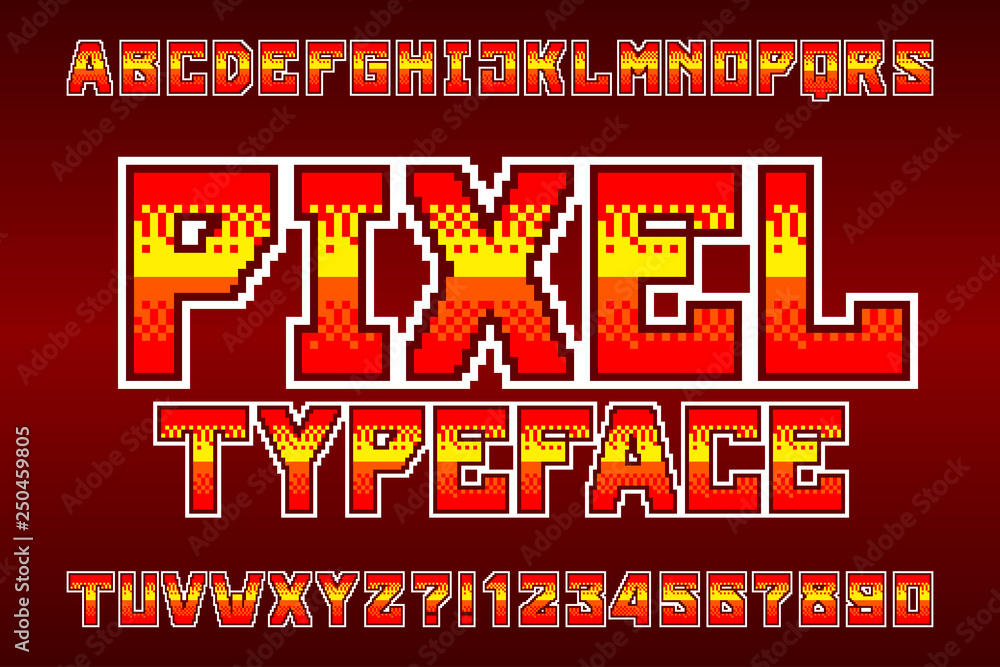 Poster pixel alphabet typeface. digital gradient bright letters and numbers. retro 80s arcade video game fo