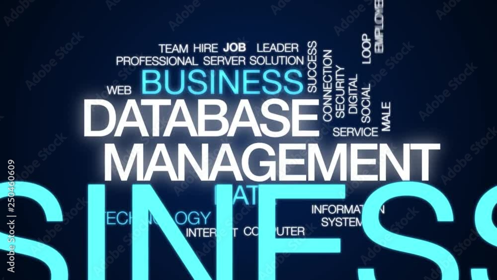 Poster database management animated word cloud. kinetic typography.