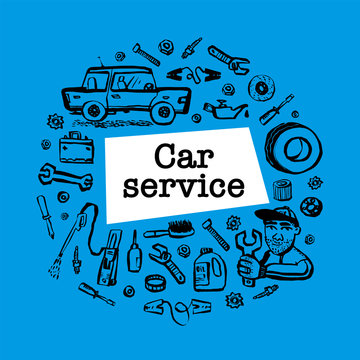 Car service concept. Web banner with scene presents workers in car service, tire service, car repair etc. Doodle ink style vector illustration.