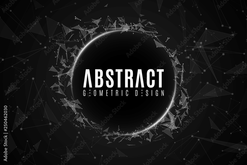 Poster abstract flying triangles and dots on a dark background. geometric modern design. white glowing conn