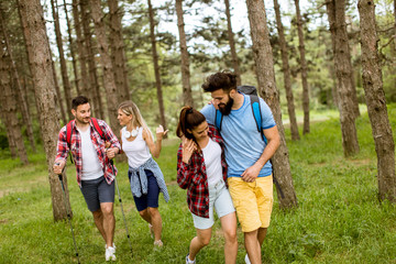 Obraz premium Group of four friends hiking together through a forest