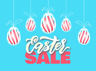 Happy Easter sale banner template with easter white banny. Vector illustration.