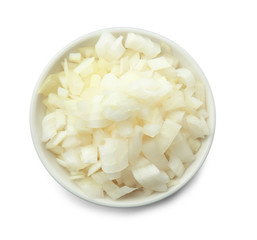 Bowl with cut onion on white background