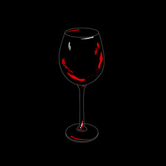 Outlines of wine glass with red vine on black background. Creative vector illustration