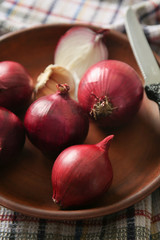 Plate with red onion on table, closeup