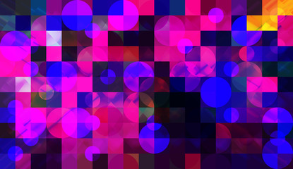 Abstract background of mosaic with elements of circles. chaos on square tiles. colorful colors. pink, purple, blue