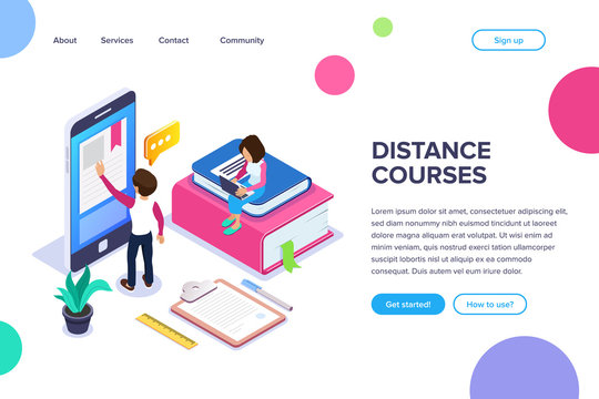 Isometric online learning or distance courses concept. Student reads textbook through mobile phone. Girl with laptop is sitting on stack of books. Can use for web banner, infographics, hero images.