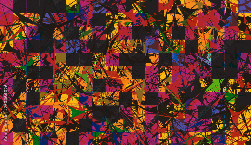 Wall mural Abstract background with elements of cobwebs and strokes. sharp forms of paints and stains on the background of square tiles. Aggressive vector design. orange, brown, red colors