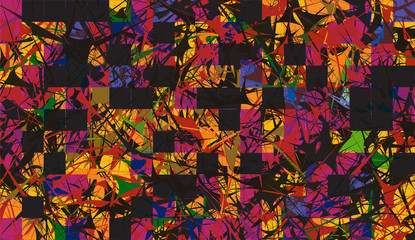 Abstract background with elements of cobwebs and strokes. sharp forms of paints and stains on the background of square tiles. Aggressive vector design. orange, brown, red colors