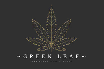 Cannabis marijuana hemp green leaf flat symbol or logo design. Cannabis green silhouette ecology logo. Hemp emblem for the logo design packaging of goods, food, for the creation of printed products. - obrazy, fototapety, plakaty
