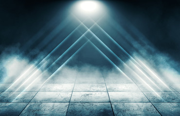 Background of empty room, street. Concrete floor, paving slabs. Neon light, smoke, smog