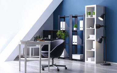 Beautiful interior of modern room with comfortable workplace