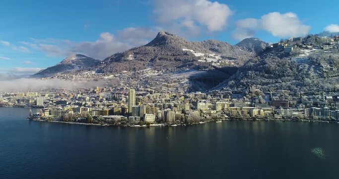 aerial view of montreux in winter