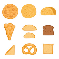 A set of baked goods paella, burrito, bagel, pizza, tortilla, toast, rye bread. Vector illustration.
