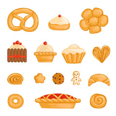 A set of baked goods bagel, bread, cake, cupcake, roll, biscuit, chocolate chip cookie, gingerbread man, kurasan, donut, pie, cheesecake. Vector illustration. Isolated on white background