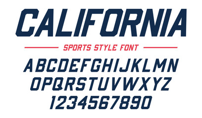 Fototapeta premium Classic college font. Vintage sport sans serif, beveled font in american style for football, soccer, baseball and basketball. Alphabet and numbers in varsity style
