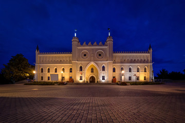 Main facade of Lublin Castle at dusk, Lublin, Poland