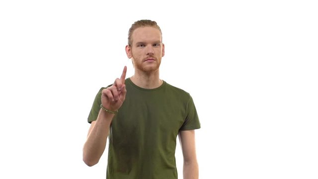 Slowmo Handsome Serious-looking Bossy Redhead Older Brother Bearded Saying No Shaking Head Disapproval, Waving Index Finger Forbidden Gesture, Prohibit, Ban Bad Idea, Posing White Background