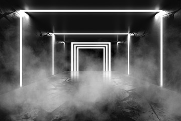 Background of empty room with concrete pavement. Spotlight, neon light, smoke