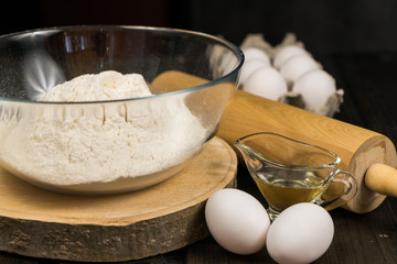 ingredients for baking on a wooden background