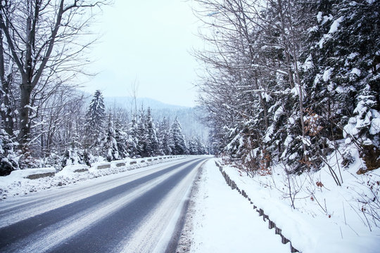 Automobile road at snowy winter resort
