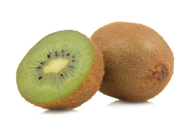 Delicious ripe kiwi fruit and kiwi cutaway on a white isolated background. close-up.