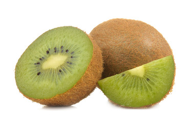 Delicious ripe kiwi fruit and kiwi cutaway on a white isolated background. close-up.
