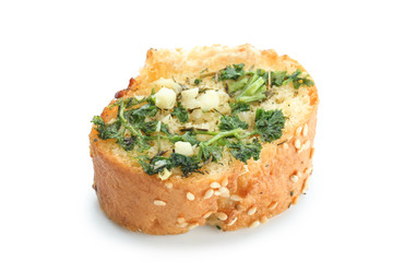 Slice of tasty garlic bread on white background