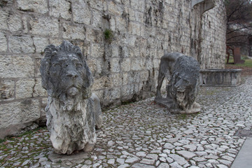 An ancient lion sculptures in the Castle of Brescia, Lombardy, Italy.