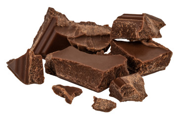 Broken chocolate pieces isolated on white background