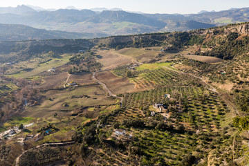 Sierra de Ronda, fields and mountains from the edges of steep cliffs in Ronda, Spain
