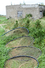 Fishing nets are drying in the sun in Dreverna - a city in Lithuanian seaside region near the...