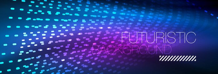 Glowing light particles in dark neon space, magic glow shiny abstract background