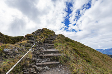 Oberstdorf - View to Fellhorn Summit Cross and Stairs to Fellhorn  Ridge Hiking path, Bavaria,...